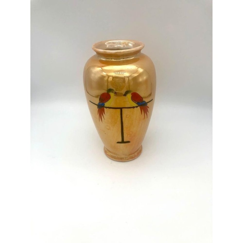 Lusterware Vase with Parrots Birds on Perch Nippon Japan Hand Painted